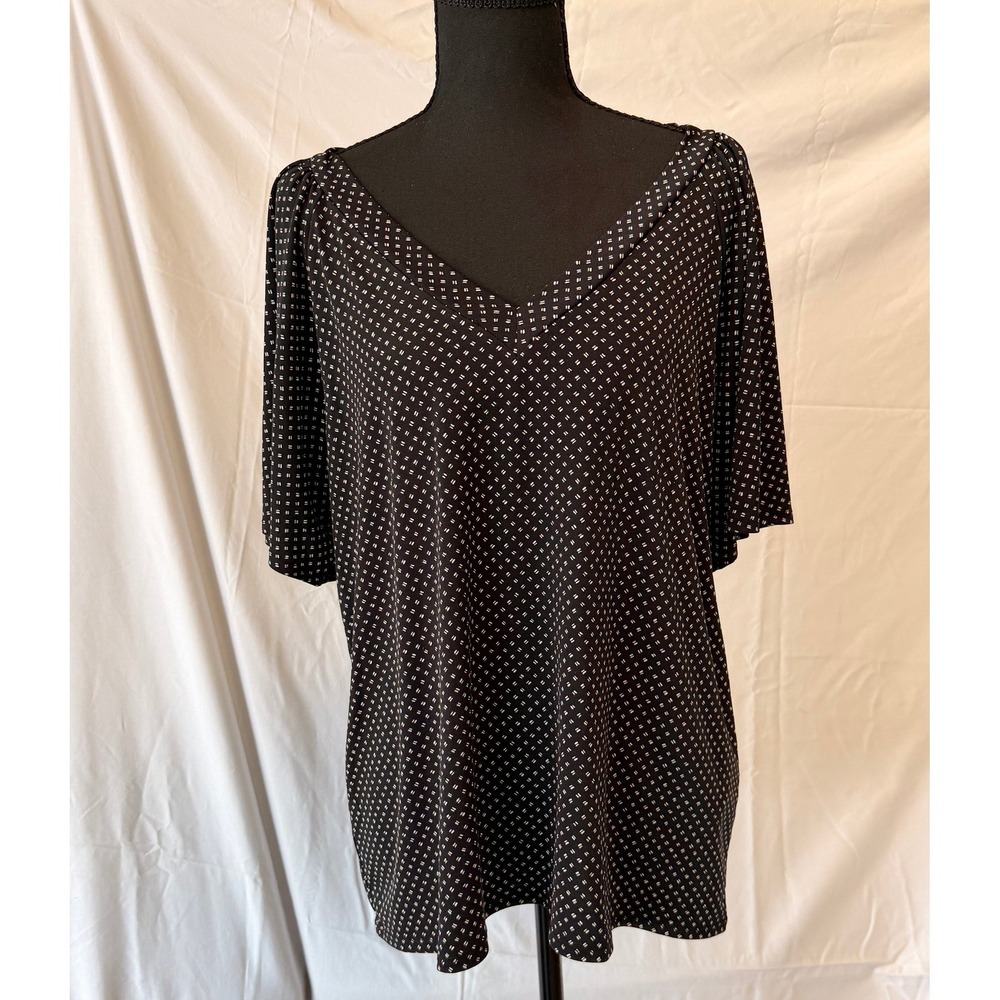 Banana Republic Black White Geometric Dot V-Neck Flutter Sleeve Blouse Large